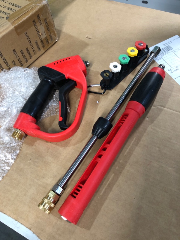 Photo 2 of Hourleey Pressure Washer Gun, Red High Power Washer Gun with Replacement Wand Extension, 5 Nozzle Tips, M22 Fittings, 40 Inch, 5000 PSI