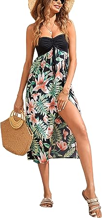 Photo 1 of Esobo Women's Summer Beach Strapless Dress Boho Floral Printed Cover Ups Asymmetrical Front Split Dresses