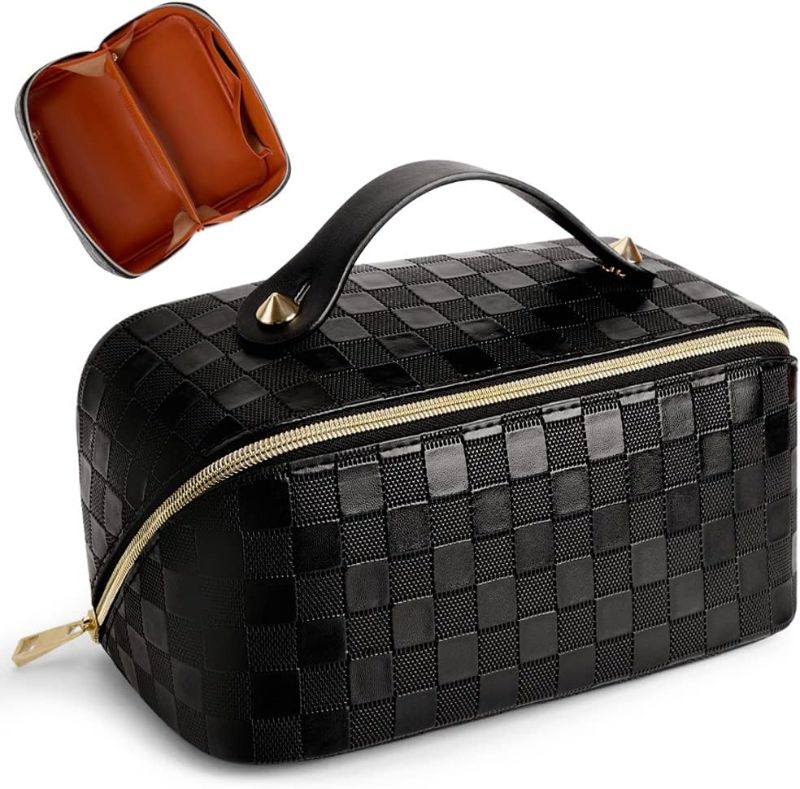 Photo 1 of Cessfle Large Capacity Travel Cosmetic Bag Plaid Checkered Makeup Bag Portable Leather 