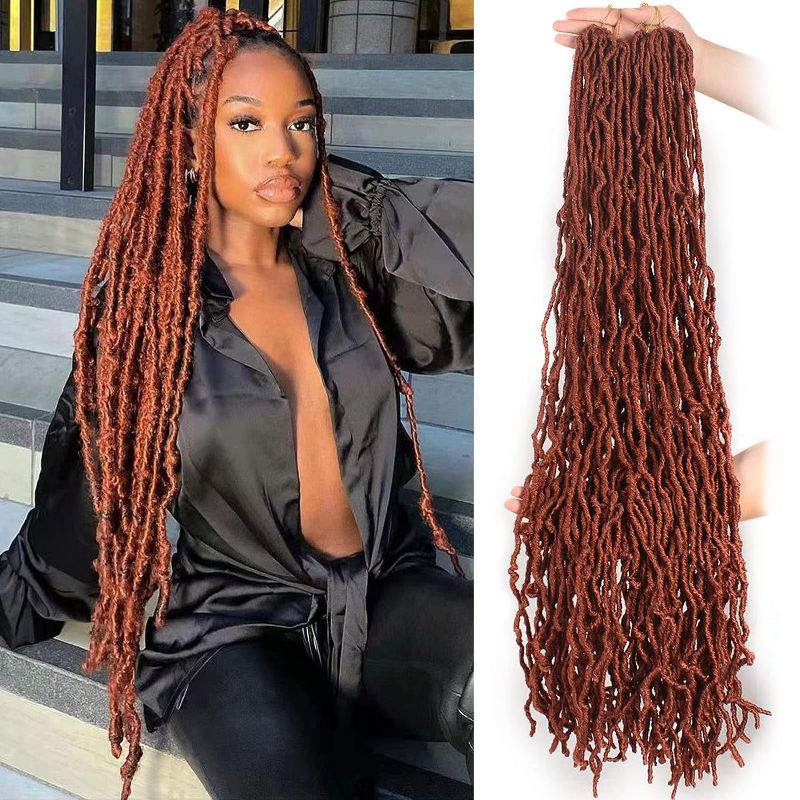 Photo 1 of  pack of 4, Inch New Faux Locs Crochet Braids Hair 1 Pack (21 Strands) Super Long Goddess Locs Curly Wavy Soft Locs Braiding Hair for Women Pre-looped Synthetic Afro Roots Braid Collection (21 Strands) (BUG)