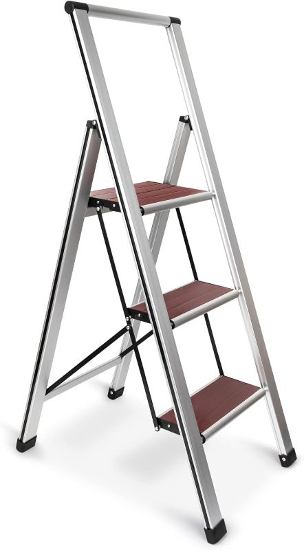 Photo 1 of 
Step Ladder 3 Step Folding, Decorative - Beautiful Mahogany & Silver Aluminum, Ultra Slim 