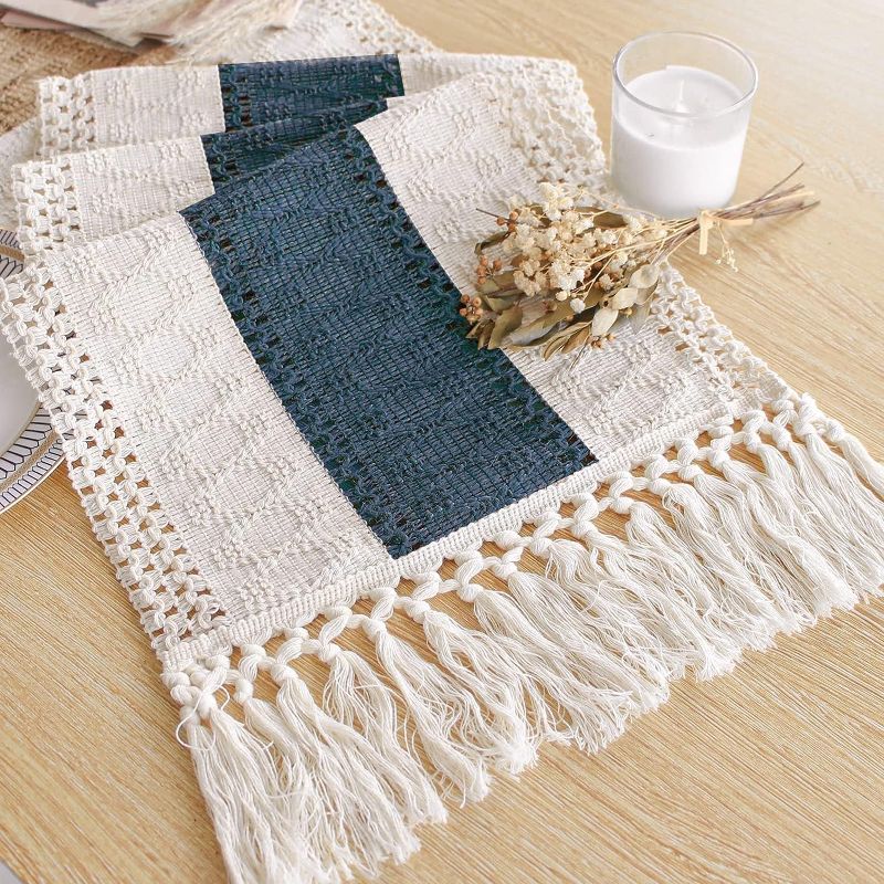 Photo 1 of FEXIA Boho Table Runner 72 Inches Long Macrame Table Runner Farmhouse Style Cream & Blue Table Runner with Tassels for Party Bohemian Rustic Wedding Bridal Shower Dining Bedroom Decor (12x72 Inches)