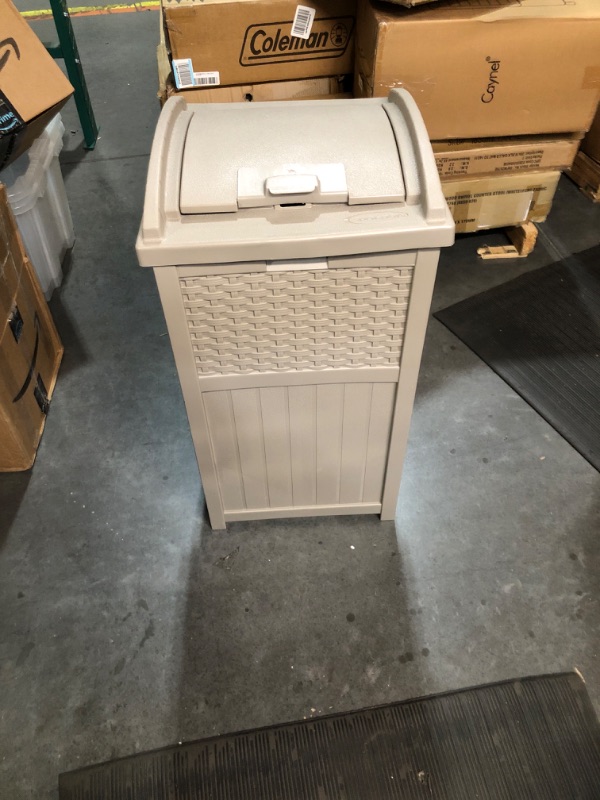 Photo 2 of Suncast 33 Gallon Hideaway Trash Can for Patio - Resin Outdoor Trash with Lid - Use in Backyard, Deck, or Patio - Dark Taupe Dark Taupe Trash Can