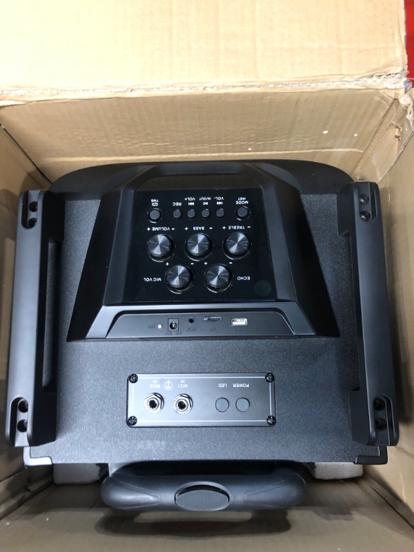 Photo 4 of Moukey Karaoke Machine, PA System Subwoofer, Portable Bluetooth Speaker w/ 2 Wireless Microphones, Lyrics Display Holder, Party Lights & Echo/Treble/Bass Adjustment, Support TWS/REC/AUX/MP3/USB/TF/FM 10" Subwoofer