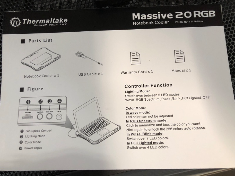 Photo 4 of Thermaltake Massive 20 RGB Steel Mesh Panel Single 200mm Fan 10"?19" Laptop Notebook Cooling Pad CL?N014?PL20SW?A