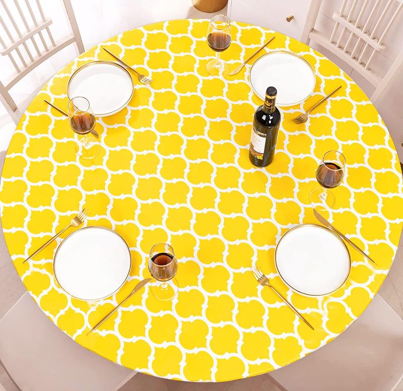 Photo 1 of  Round Tablecloth, Vinyl Fitted Table Cover with Flannel Backing Elastic Edge