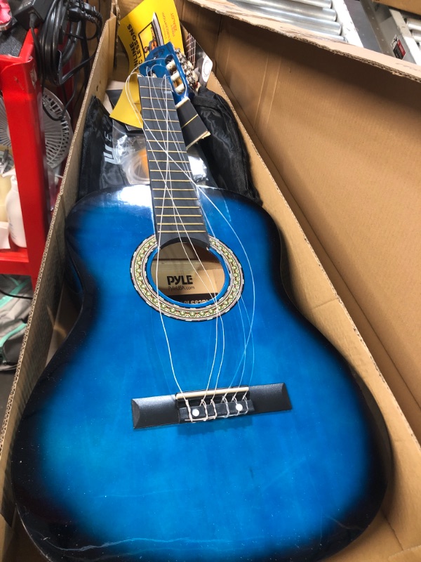 Photo 2 of *BROKEN SELLING FOR PARTS ** Beginner 36” Classical Acoustic Guitar - 3/4 Junior Size 6 String Linden Wood Guitar w/ Gig Bag, Tuner, Nylon Strings, Picks, Strap, For Beginners, Adults - Pyle (Blue Burst) 