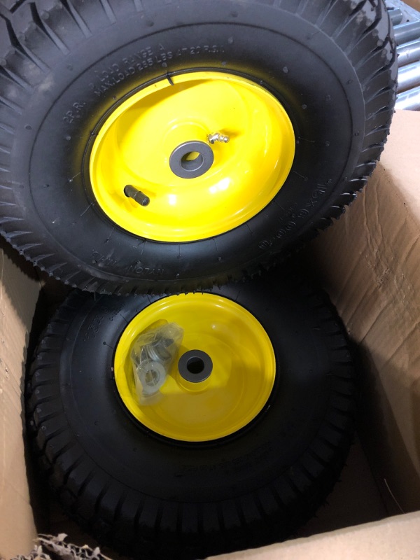 Photo 3 of (2 Pack) AR-PRO Exact Replacement 15" x 6.00 - 6" Front Tire and Wheel Assemblies for John Deere Riding Mowers - Compatible with John Deere 100 and D100 Series - 3” Hub Offset and 3/4” Bushings 15" x 6.00-6" Yellow