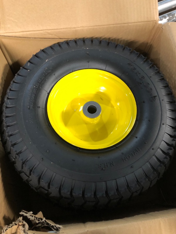 Photo 2 of (2 Pack) AR-PRO Exact Replacement 15" x 6.00 - 6" Front Tire and Wheel Assemblies for John Deere Riding Mowers - Compatible with John Deere 100 and D100 Series - 3” Hub Offset and 3/4” Bushings 15" x 6.00-6" Yellow