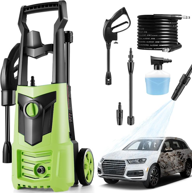 Photo 1 of ??????? ???????? ???????? ??????, ?.???? ????? High Power Washer with Hose Reel & 5 Nozzles, Soap Bottle for Cleaning Car/Driveway/Patio(Green)