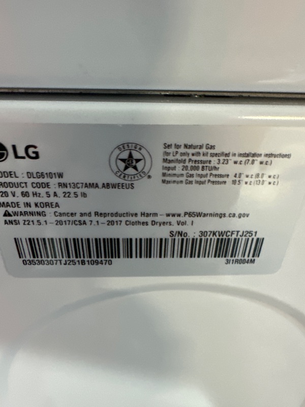 Photo 7 of **USED, TESTED POWERS ON,  MINOR DAMAGE**  LG LG 7.3-cu ft Reversible Side Swing Door Gas Dryer (White) ENERGY STAR