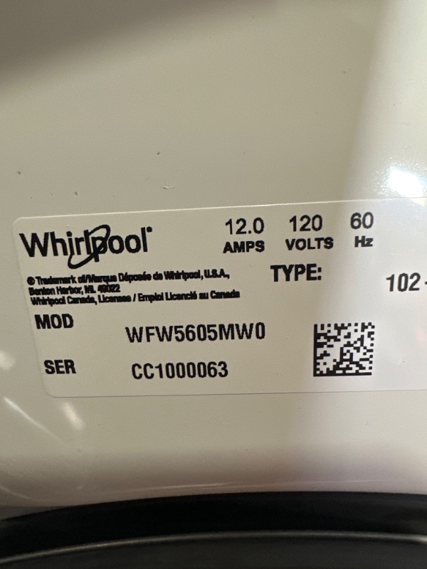 Photo 4 of **USED PRIOR, TESTED POWERS ON**  Whirlpool 4.5-cu ft High Efficiency Stackable Steam Cycle Front-Load Washer (White) ENERGY STAR