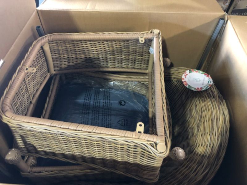 Photo 1 of allen + roth Serena Park Set of 2 Wicker Light Brown Steel Frame Stationary Dining Chair(s) with Blue Cushioned Seat