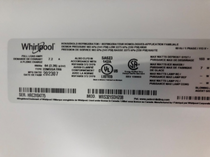 Photo 3 of **USED, DAMAGED OUTLET, UNABLE TO TEST**  WHIRLPOOL 33-inch Wide Side-by-Side Refrigerator - 21 cu. ft.