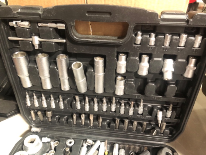 Photo 2 of **MISSING SOCKETS AND SMALLER RATCHET DAMAGED/MISSING 108Piece Socket Wrench And Metric 1/4 And 1/2 Drive Socket Set, Extension Bars, 