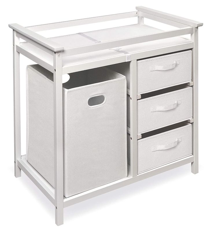 Photo 1 of *MISSING BINS-MINOR DAMAGE*
Modern Baby Changing Table with Laundry Hamper, 3 Storage Baskets, and Pad White/White