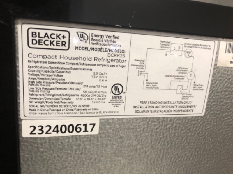 Photo 4 of ***NOT FUNCTIONAL - FOR PARTS ONLY - NONREFUNDABLE - SEE COMMENTS***
BLACK+DECKER BCRK25B Compact Refrigerator Energy Star Single Door Mini Fridge with Freezer, 2.5 Cubic Feet, Black
