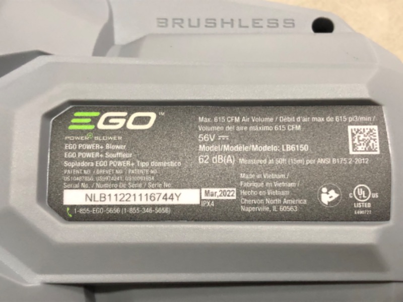 Photo 5 of ***USED - MISSING BATTERY - UNABLE TO TEST***
EGO Power+ LB6151 615 CFM Variable-Speed 56-Volt Lithium-ion Cordless Leaf Blower