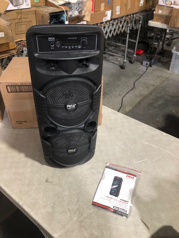 Photo 5 of Pyle Portable Bluetooth PA Speaker System - 600W Rechargeable Outdoor Bluetooth Speaker Portable PA System w/ Dual 8” Subwoofer 1” Tweeter, Microphone In, Party Lights, USB, Radio, Remote - PPHP2835B