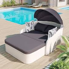 Photo 1 of (SEE NOTES) Costway Patio Rattan Daybed Lounge Retractable Top Canopy Side Tables Cushions White
