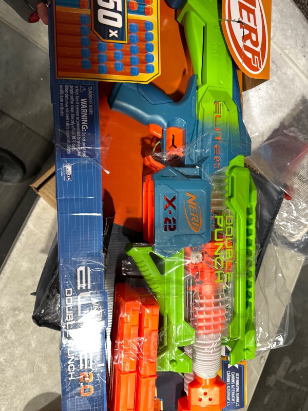 Photo 2 of ***USED*MISSING AMMO*DAMAGED MOTOR***
Nerf Elite 2.0 Double Punch Motorized Dart Blaster, Rapid Alternating Barrels, 50 Nerf Elite Darts, 2X 10-Dart Clips, Ages 8 & Up