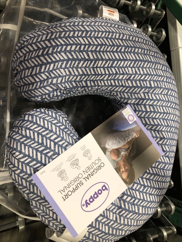 Photo 1 of Boppy Nursing Pillow and Positioner—Original | Blue Herringbone | Breastfeeding, Bottle Feeding, Baby Support | with Removable Cotton Blend Cover | Awake-Time Support