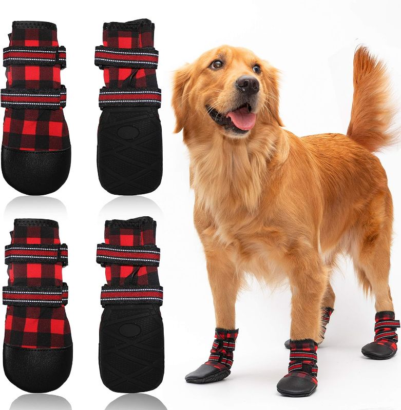 Photo 1 of Dog Shoes for Medium, Large Dogs, Waterproof Reflective Adjustable Winter Dog Boots, Anti-Slip Rain/Snow Outdoor Warm Dog Shoes Paw Protector for Running,...