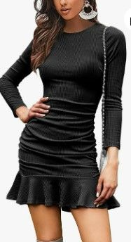 Photo 1 of Byinns Women's Sexy Mini Dress Knit Ruched Long Sleeve Ruffle Bodycon Dress Club Date Night Cocktail Party Dresses