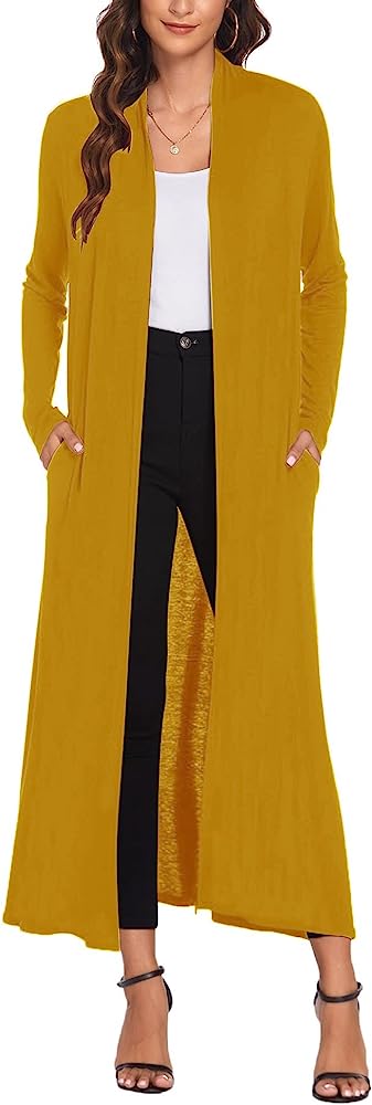 Photo 1 of Bluetime Women Floor Length Open Front Drape Cardigan Lightweight Long Sleeve Maxi Duster with Pockets (S-3XL)