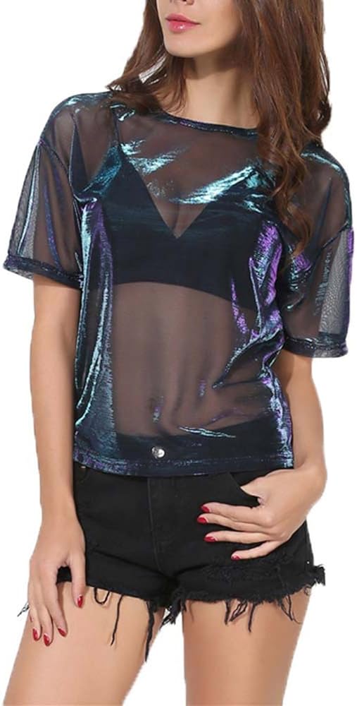 Photo 1 of AIBEARTY Women's Shiny Metallic Mesh Tops Music Festival Transparent Short Sleeve T-Shirt Blouse