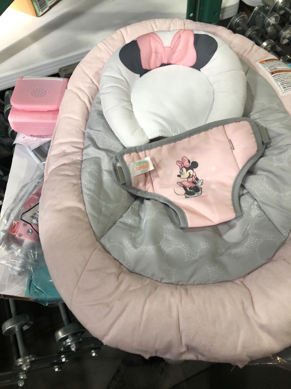 Photo 3 of Disney Baby MINNIE MOUSE Comfy Baby Bouncer Soothing Vibrations Infant Seat - Music, Removable Toy Bar, 0-6 Months Up to 20 lbs (Rosy Skies)