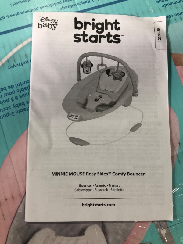 Photo 1 of Disney Baby MINNIE MOUSE Comfy Baby Bouncer Soothing Vibrations Infant Seat - Music, Removable Toy Bar, 0-6 Months Up to 20 lbs (Rosy Skies)