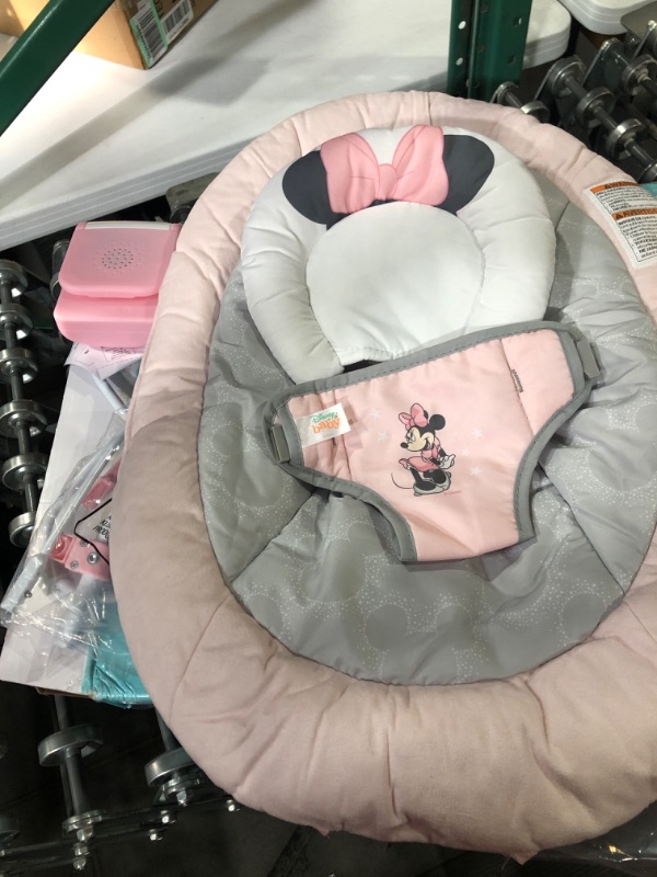 Photo 2 of Disney Baby MINNIE MOUSE Comfy Baby Bouncer Soothing Vibrations Infant Seat - Music, Removable Toy Bar, 0-6 Months Up to 20 lbs (Rosy Skies)