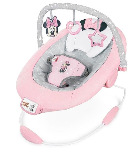 Photo 1 of Disney Baby MINNIE MOUSE Comfy Baby Bouncer Soothing Vibrations Infant Seat - Music, Removable Toy Bar, 0-6 Months Up to 20 lbs (Rosy Skies)