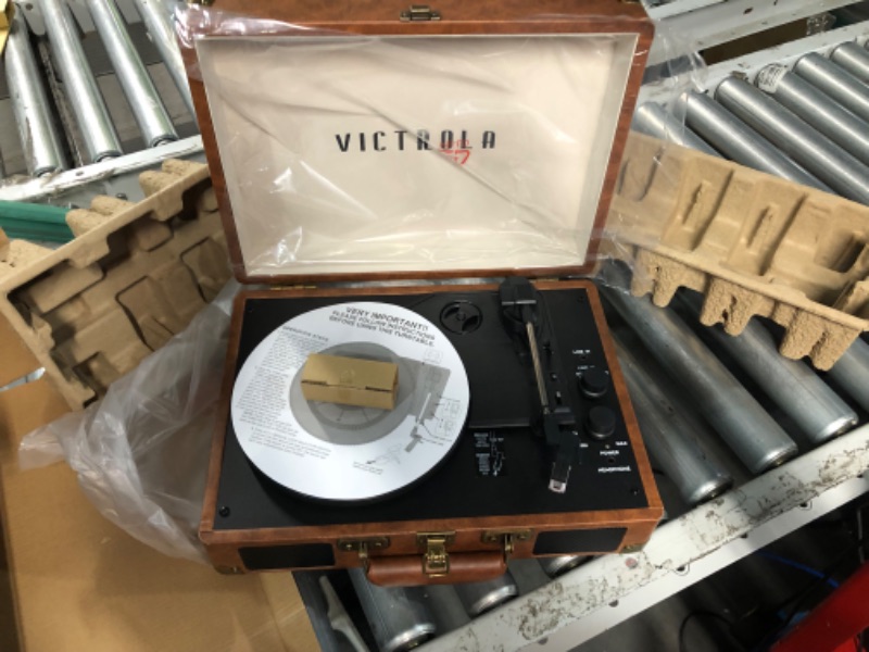 Photo 4 of Victrola Vintage 3-Speed Bluetooth Portable Suitcase Record Player with Built-in Speakers | Brown