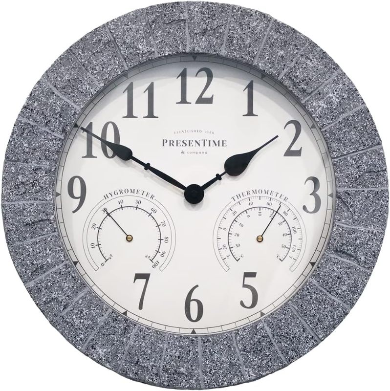 Photo 1 of **UNABLE TO TEST**
PresenTime & Co Sandstone Outdoor Clock with Thermometer & Hygrometer as All in one Weather Station, 14", Gray Sandstone Finish