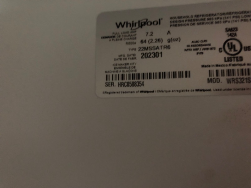 Photo 19 of ***DAMAGED - SEE NOTES***
Whirlpool 33-inch Wide Side-by-Side Refrigerator - 21 cu. ft.