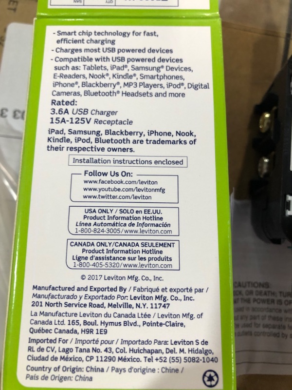 Photo 1 of  PACK OF 4 Leviton T5632-W 15-Amp Charger/Tamper Resistant Duplex Receptacle
