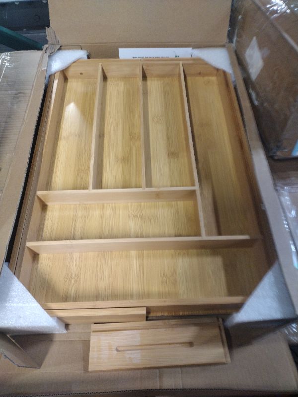 Photo 2 of **Used** Large expandable Bamboo Drawer Organizer-Kitchen Utensil, Flatware&Silverware Organizer-Wood Adjustable Drawer Organizer. (12.9-19x18") Yellow