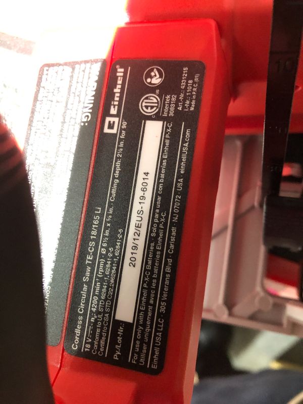 Photo 3 of ***NO BATTERY - UNTESTED***
Einhell TE-CS Power X-Change 18-Volt Cordless 6-1/2 Inch 4,200-RPM Circular Saw