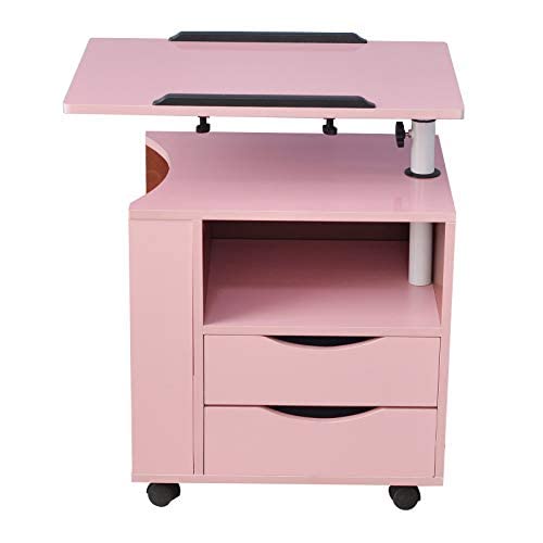 Photo 1 of ***DAMAGED***Qiveno Bedside Table Workstation, Height Adjustable Overbed End Table Wooden Nightstand with Swivel Top, Multifunctional Rolling Laptop Desk Computer Table (Pink)