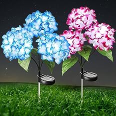Photo 1 of  Solar Flower Lights-2 Pack Waterproof Solar Garden Flower Lights with Solar Hydrangea Stake, Solar Decorative Lights for Patio, Courtyard, Garden Lawn (Blue & Rose Red)
