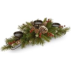 Photo 1 of * DAMAGED * 
National Tree Company Artificial Christmas Centerpiece | Includes 3 Candle Holders, Red Berries, Pine Cones and Steal Base | Frosted Berry - 30 Inch