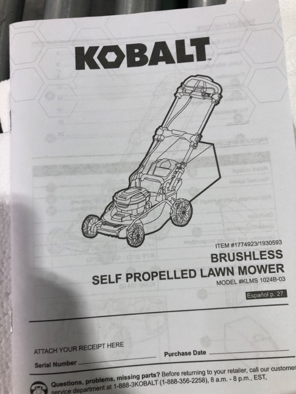 Photo 2 of [FOR PARTS]
Kobalt 24-Volt Brushless Lithium Ion Self-Propelled 20-in Cordless Electric Lawn Mower (Battery Included)