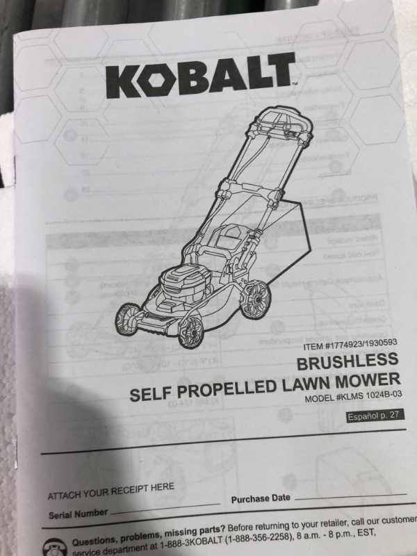 Photo 3 of **MISSING BATTERIES AND CHARGER** Kobalt 24-Volt Brushless Lithium Ion Self-Propelled 20-in Cordless Electric Lawn Mower (Battery Included)