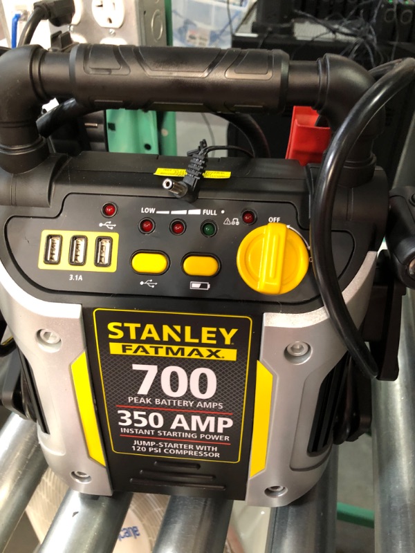 Photo 3 of [notes!] STANLEY FATMAX J7CS Portable Power Station Jump Starter: 700 Peak/350 Instant Amps, 120 PSI Air Compressor, 3.1A USB Ports, Battery Clamps