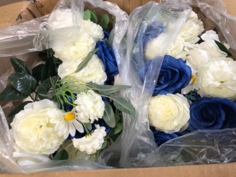 Photo 2 of  Arrangement Bouquet - 2 Pcs 17.7 inch Diam Royal Blue & White Fake Flowers