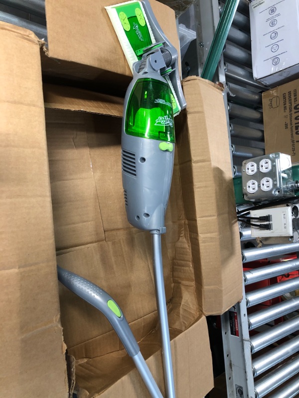 Photo 2 of * item damaged * not functional * sold for parts *
Swiffer Sweeper Mop, 10 X 4.8 White Cloth Head, 46" Green/silver Aluminum/plastic Handle