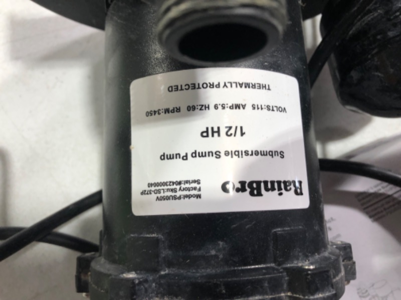 Photo 3 of ***HEAVILY USED - UNTESTED - SEE NOTES***
Rainbro 1/2 HP Thermoplastic Submersible Sump Pump With Vertical Float Switch, Model# PSU050V