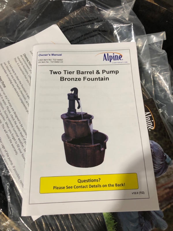 Photo 6 of ***PUMP MAKES NOISE WHEN PLUGGED IN - UNABLE TO TEST FURTHER***
Alpine Corporation 27" Tall 2-Tier Barrel and Pump Waterfall Fountain, Bronze Finish